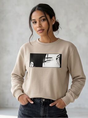 Beige Graphic Crewneck Sweater - Casual Women's Pullover
